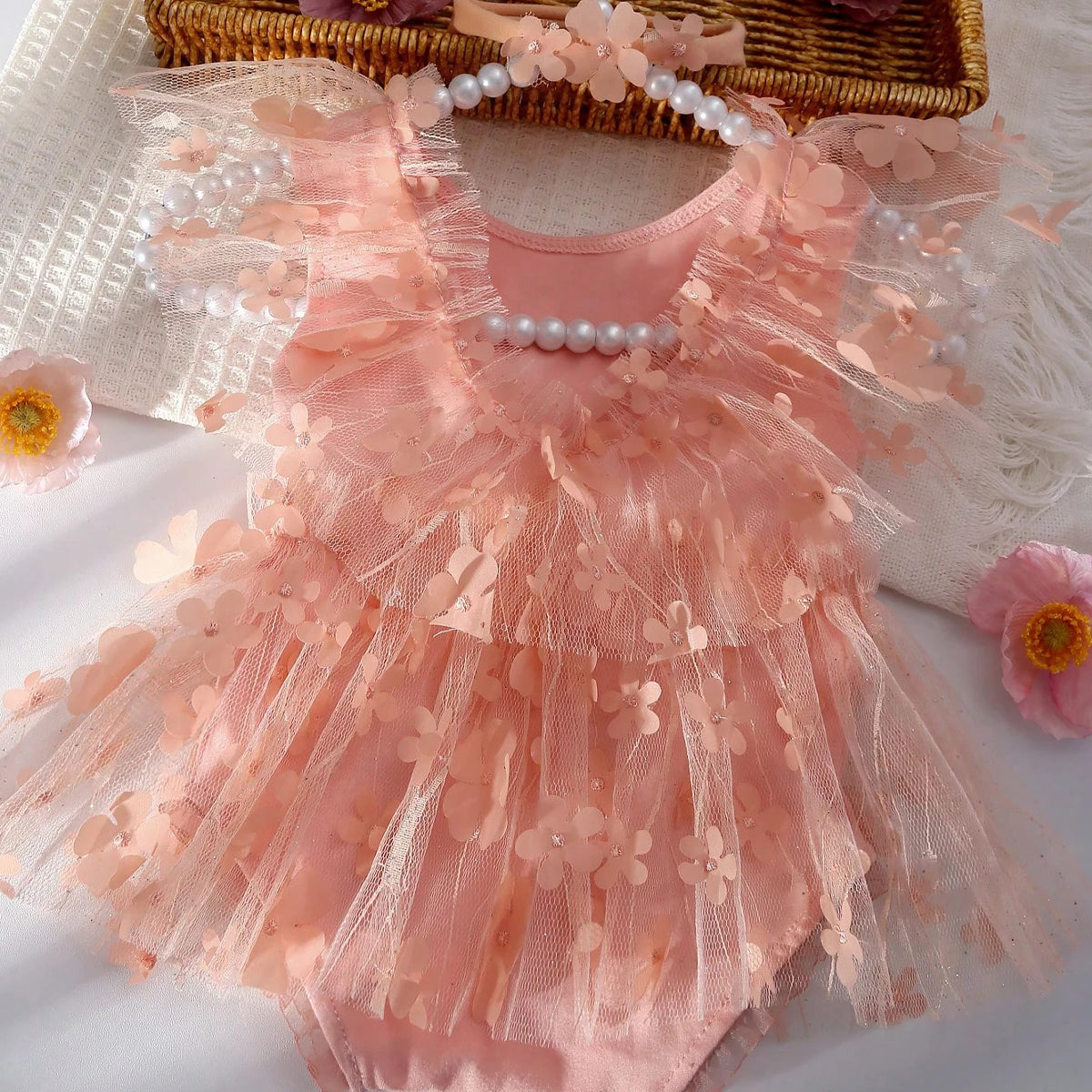 Barboteuse Brodée & Bandeau Fleur – Outfit Romantique Nouveau-Né™